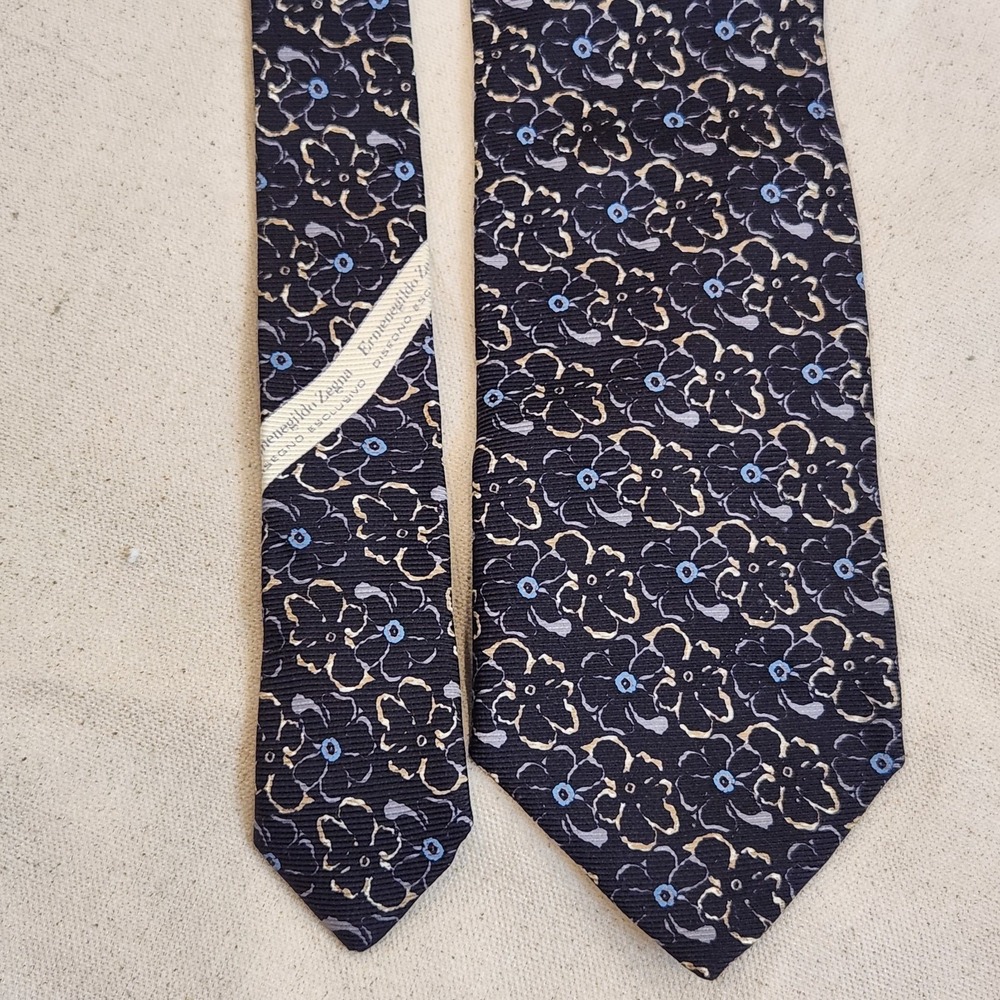 Ermenegildo Zegna Silk Tie Mens Black Blue Floral Print Designer Necktie Italy